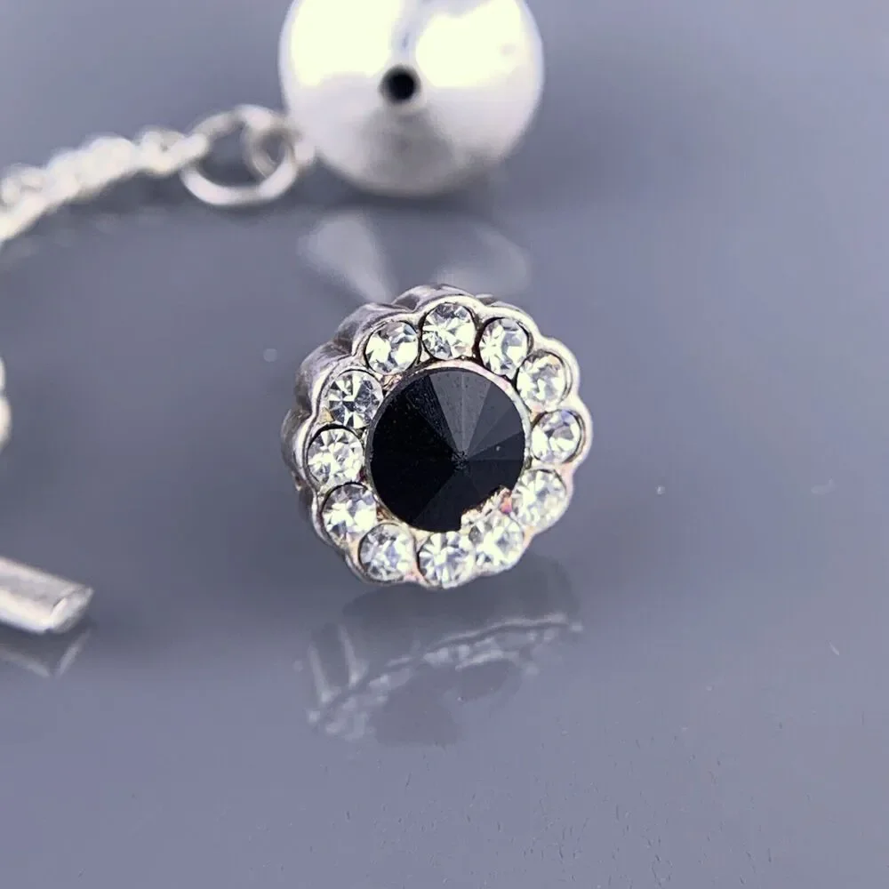Rhinestone & Obsidian Silver Plated Tie Tack Pin Round White Black Vintage